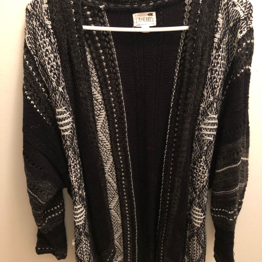 Black and white knit open front cardigan